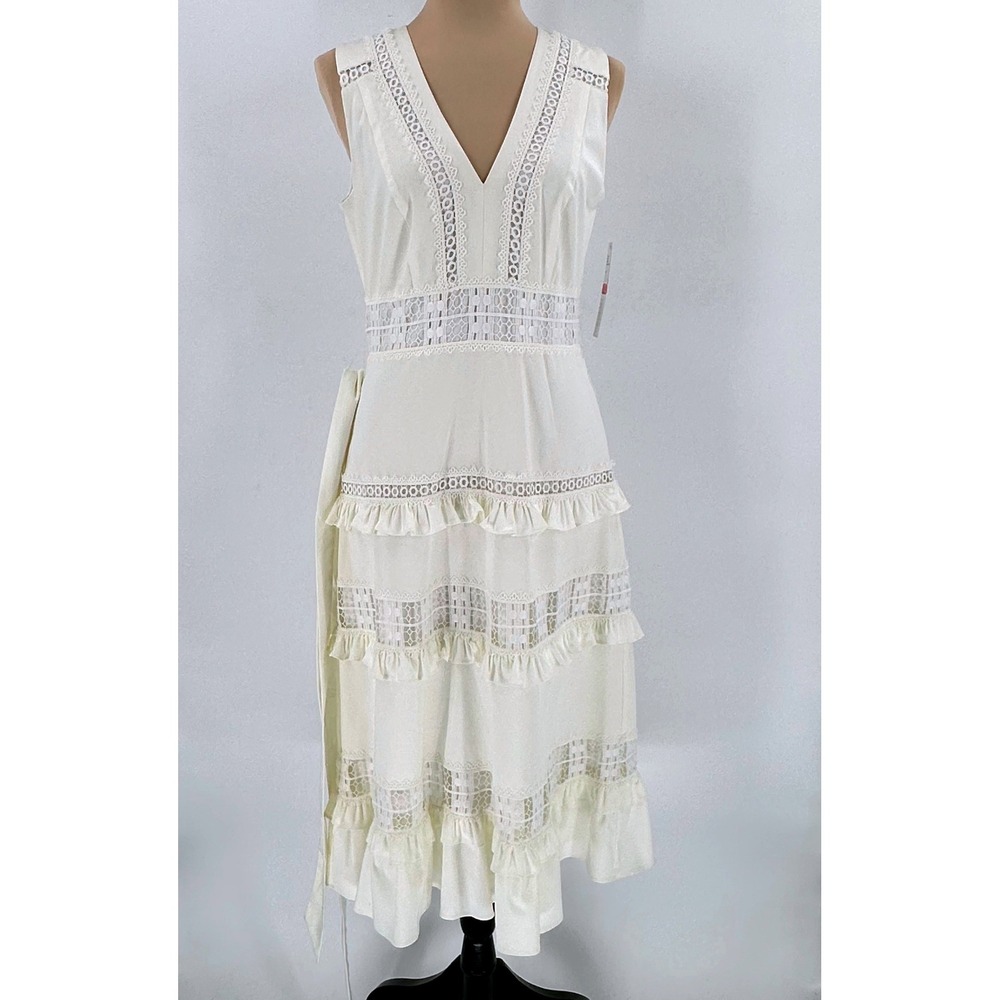 Antonio Melani Natalie Sateen Ivory Lace Trim Tiered Ruffle Midi Dress 4 NWT